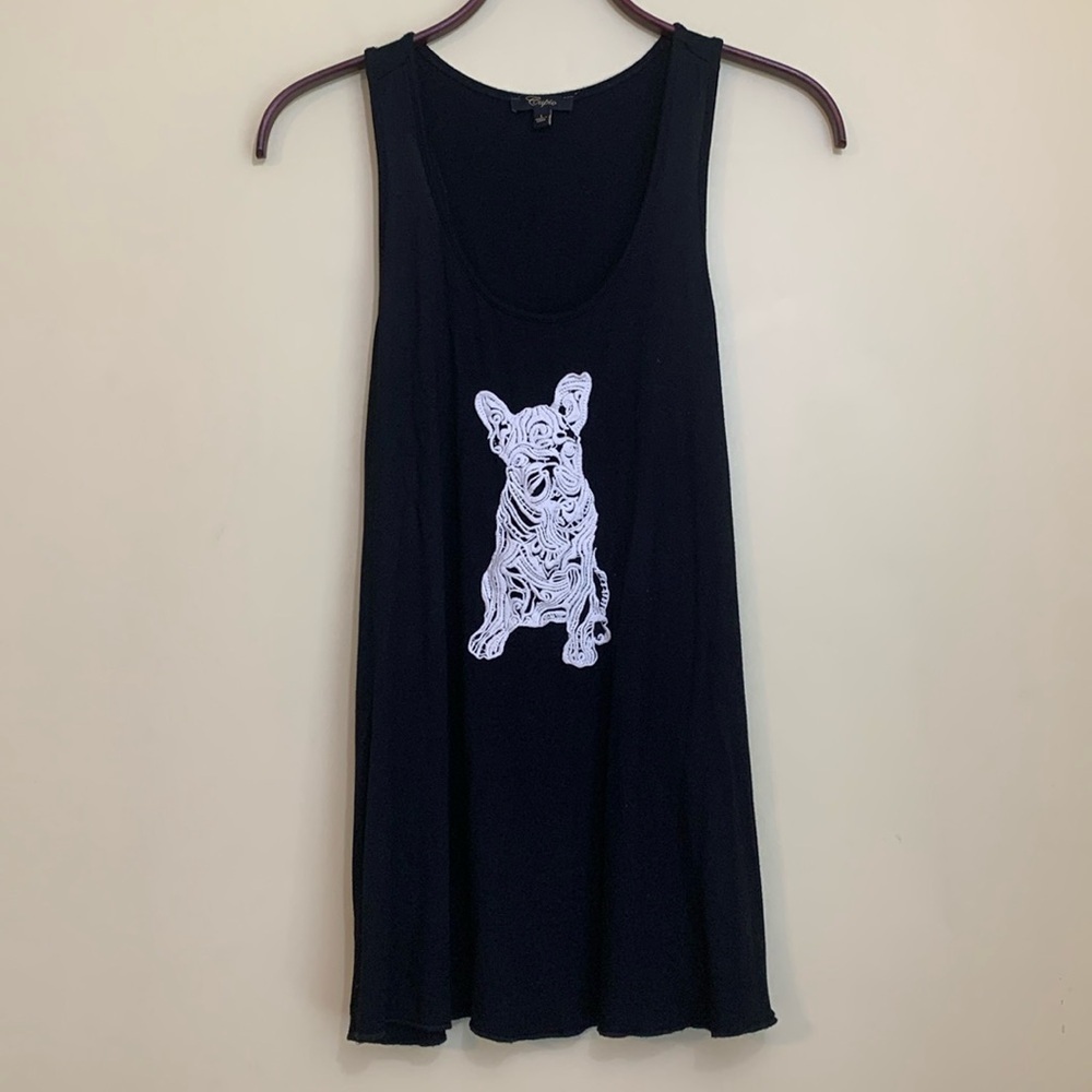 Cupio | Black Embroidered French Bull Dog Cami Tank Viscose Cotton Spandex Top L